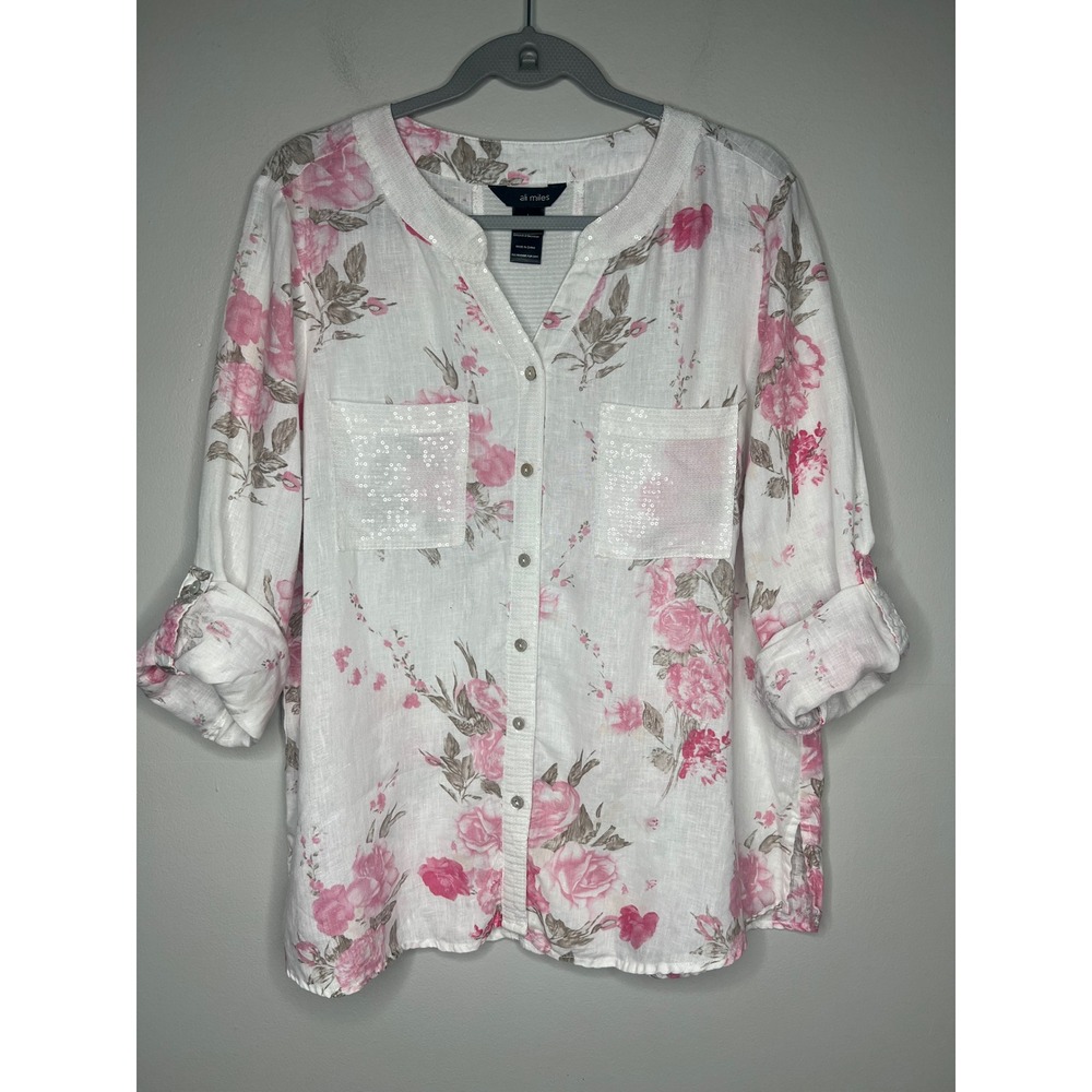 Ali Miles 100% Linen Floral Shirt Sequin Lagenlook Artsy Boho Tunic Women's L
